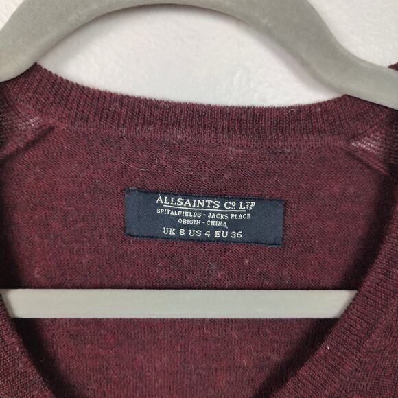 AllSaints Wasson Jumper Womens 4 Burgundy Draped Back 100% Merino Wool Goth - Picture 7 of 9